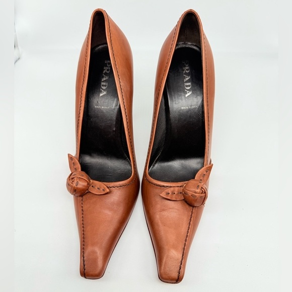 Prada Vintage Brown Leather 3D flower appilique square toe 100mm pumps EU37 - Picture 7 of 9
